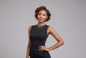 AI Generated An elegant young woman in a black sleeveless dress, striking a chic pose with her hand on her hip. photo