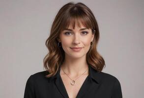 AI Generated A professional looking young woman in a black blouse, with a warm smile and a necklace, portraying confidence. photo