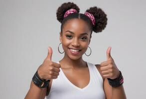 AI Generated A cheerful young woman with double hair buns, wearing a white top, giving two thumbs up to the camera. She's expressing enthusiasm and approval. photo