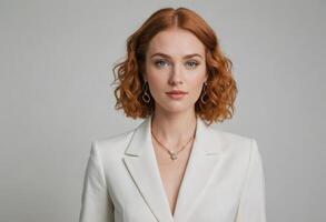 AI Generated A professional-looking woman with curly red hair wears a white blazer. Her confident stance and focused look evoke a sense of determination. photo