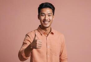AI Generated A happy Asian man in a salmon-colored shirt gives a thumbs up with a broad smile. The warm pink background complements his cheerful demeanor. photo