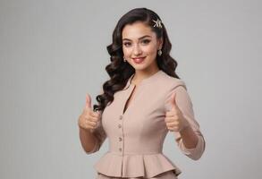 AI Generated An elegant young woman in a fitted peach blazer giving double thumbs up with a playful smile. photo