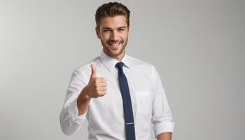 AI Generated A clean-shaven man in professional attire with a tie gives a thumbs up. He stands against a light grey background with a pleasing smile. photo