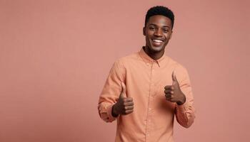 AI Generated A joyful young African American man in a coral shirt gives two enthusiastic thumbs up, standing against a matching coral background. photo
