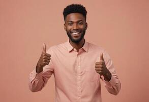 AI Generated A young African American man in a salmon shirt with a radiant smile gives two thumbs up. He poses against a soft pink background. photo