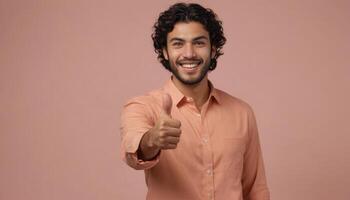 AI Generated A curly-haired man in a salmon shirt gives a thumbs up with a cheerful expression, standing before a pink background. photo