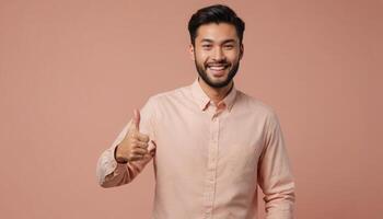 AI Generated A young Asian man with a beard gives a thumbs up, displaying a warm smile in a salmon pink shirt against a pink background. photo