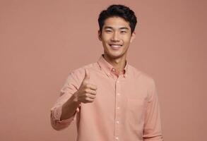 AI Generated A young Asian man in a salmon pink shirt shows his approval with a thumbs up, smiling pleasantly against a pink backdrop. photo