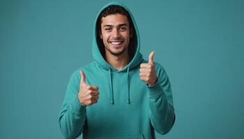 AI Generated A content man in a teal hoodie gives a thumbs up, his friendly smile matching the teal background. photo