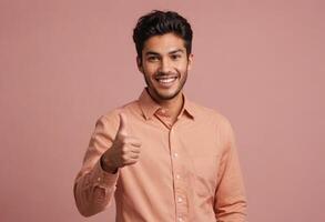 AI Generated A charming young man with a stubble beard in a salmon shirt gestures a thumbs up, his friendly demeanor against a pink background. photo