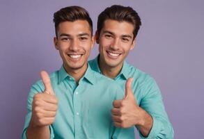 AI Generated Two young men in matching teal shirts giving a thumbs up. Their mirrored smiles and identical outfits suggest a fun, twin-themed photoshoot. photo