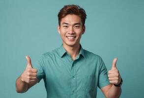 ai generado un hombre en un brillante verde azulado camisa da doble pulgares arriba con un ancho sonrisa. su energético expresión y casual estilo transmitir un positivo mensaje. foto