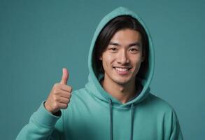 AI Generated A young man in a teal hoodie gives a thumbs up. His casual look and laid-back attitude are captured against a teal background for a monochromatic effect. photo