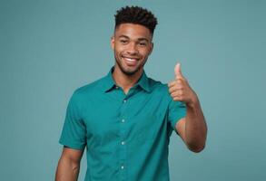 AI Generated A young man in a teal collared shirt gives a thumbs up, his confident smile radiates against a teal backdrop. photo