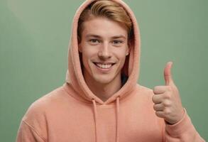 AI Generated A cheerful man in a peach hoodie gives a thumbs up with a friendly smile, set against a creatively colored background. photo