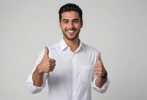 AI Generated A man in a crisp white shirt smiles and gives a thumbs up, exuding a professional and approachable vibe. photo