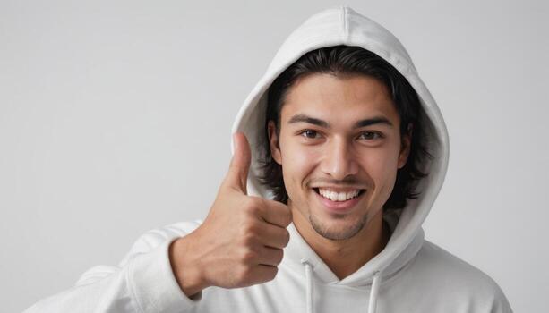 AI Generated A man in a white hoodie with a beaming smile gives a thumbs up, a gesture of approval and positivity. photo