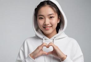 AI Generated A young Asian woman in a white hoodie makes a heart shape with her hands, smiling gently at the camera. photo