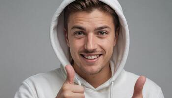 AI Generated A young adult male in a white hoodie gives a thumbs up with both hands, smiling at the camera. His expression is friendly and approachable. photo