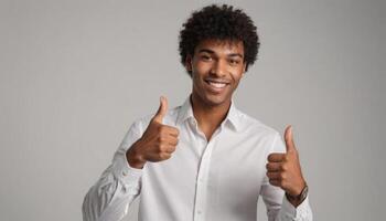 AI Generated A black man with an afro gives two enthusiastic thumbs up while wearing a smart white shirt. photo