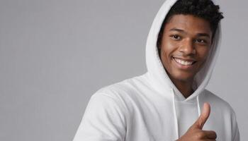 AI Generated A young black man with a bright smile gives a thumbs up while wearing a white hoodie, looking relaxed and cheerful. photo