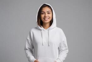 AI Generated A young Latina woman in a white hoodie stands with her hands in her pockets, giving a subtle smile. photo