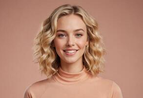 AI Generated A smiling blonde woman with soft wavy hair and a peach-colored top radiates a friendly and approachable vibe. photo