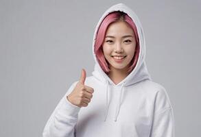 AI Generated A cheerful young woman with pink hair in a white hoodie gives a thumbs up, exuding positivity and confidence. photo