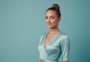 AI Generated A young woman with a high bun and makeup wears an elegant teal wrap top, looking poised and graceful. photo