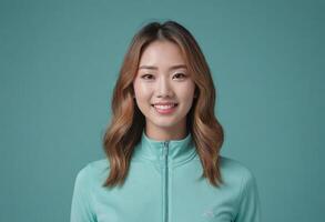 AI Generated A smiling Asian woman in a casual sport jacket with a raised collar against a teal background. photo