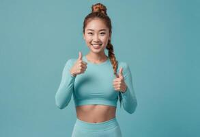 AI Generated A cheerful young woman in a gym outfit gives a double thumbs up. She sports a playful braid and a radiant smile. photo
