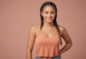 AI Generated A young woman with braided hair and a casual salmon-colored tank top stands hands on hips, exuding confidence. photo