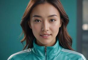 AI Generated An Asian woman in a teal zip-up athletic jacket looks focused and determined, ready for physical activity. photo