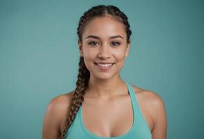 AI Generated A young woman in sportswear smiles confidently at the camera. Her hair is styled in a long braid, and she exudes health and fitness. photo