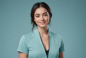 AI Generated A young woman in a sporty teal polo shirt poses with a slight smile, looking relaxed and stylish. photo