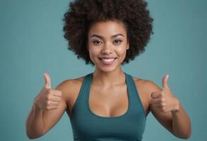 AI Generated An exuberant young woman with curly hair gives two thumbs up. Her teal workout top reflects an active lifestyle. photo