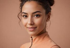 AI Generated A young woman with natural makeup and a soft smile looking slightly away. She's wearing a peach-colored top, conveying casual elegance. photo