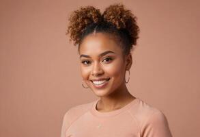 AI Generated A young woman in a peach crew neck, sporting a playful expression. Her casual look is highlighted by her natural hairstyle and friendly demeanor. photo