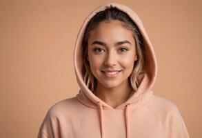 AI Generated A smiling young woman in a casual hoodie, her friendly expression invites warmth and comfort. Her relaxed posture suggests ease and approachability. photo