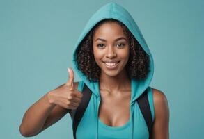 AI Generated A woman in a hooded sports vest gives a thumbs up, her curly hair and bright smile indicating a fun and active disposition. photo