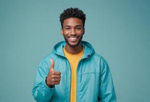 AI Generated A smiling man wearing a winter jacket giving a thumbs up, radiating warmth and positivity against a teal background. photo