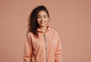 AI Generated A woman with curly hair wearing a zip-up sportswear jacket. Her relaxed stance and gentle smile convey a casual and approachable look. photo