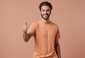 AI Generated A man with a beard and messy hair smiling and giving a thumbs up in an orange t-shirt, conveying a laid-back and positive attitude. photo