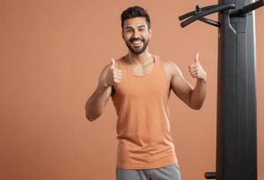 AI Generated A fit man in a gym setting wearing a tank top gives thumbs up, indicating readiness and positive attitude towards fitness. photo