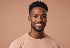 ai generado un joven profesional hombre en un beige camisa poses con un encantador sonrisa, exudando amabilidad y confianza. foto