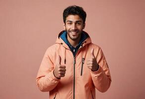 AI Generated A man in a peach jacket with a joyful expression giving double thumbs up. His casual outdoor attire and friendly demeanor suggest approachability and warmth. photo