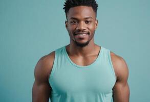 AI Generated A fit man in a green tank top stands confidently against a teal background. His expression is friendly and inviting. photo