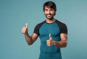 AI Generated A man in workout gear giving thumbs up, his fit physique suggesting a healthy lifestyle and positive attitude. photo