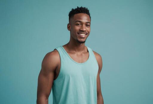 AI Generated A fit man in a teal tank top smiling and giving a thumbs up, representing a relaxed yet active lifestyle. photo