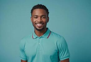 ai generado un sonriente hombre en un verde azulado polo camisa poses por casualidad, radiante un calentar y accesible ambiente en contra un pareo antecedentes. foto